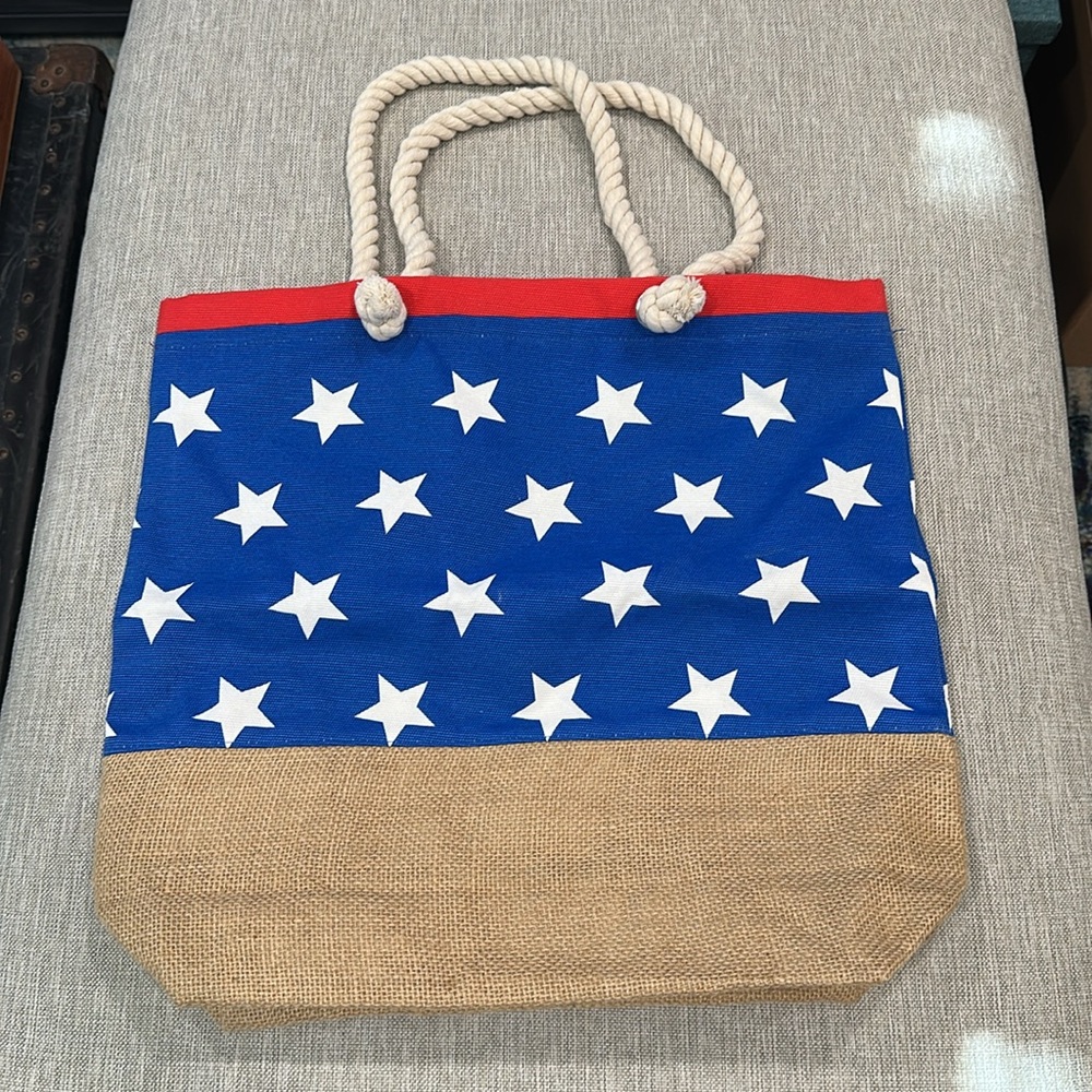 🇺🇸 NWOT! Blue and Tan Star Tote Bag With Red Stripe